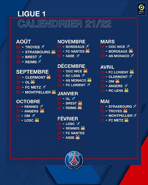 巴黎圣日耳曼2021赛季赛程 巴黎圣日耳曼2021赛程表 大巴黎法甲赛程比赛时间 奥分体育 